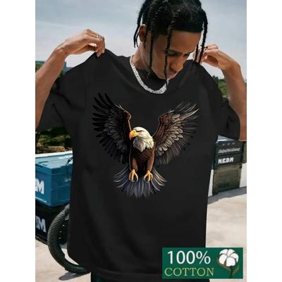Taglie Europee T-shirt da Uomo Oversize in Cotone con Stampa Aquila Calva - Vestibilità Larga Manica Corta Streetwear Casual