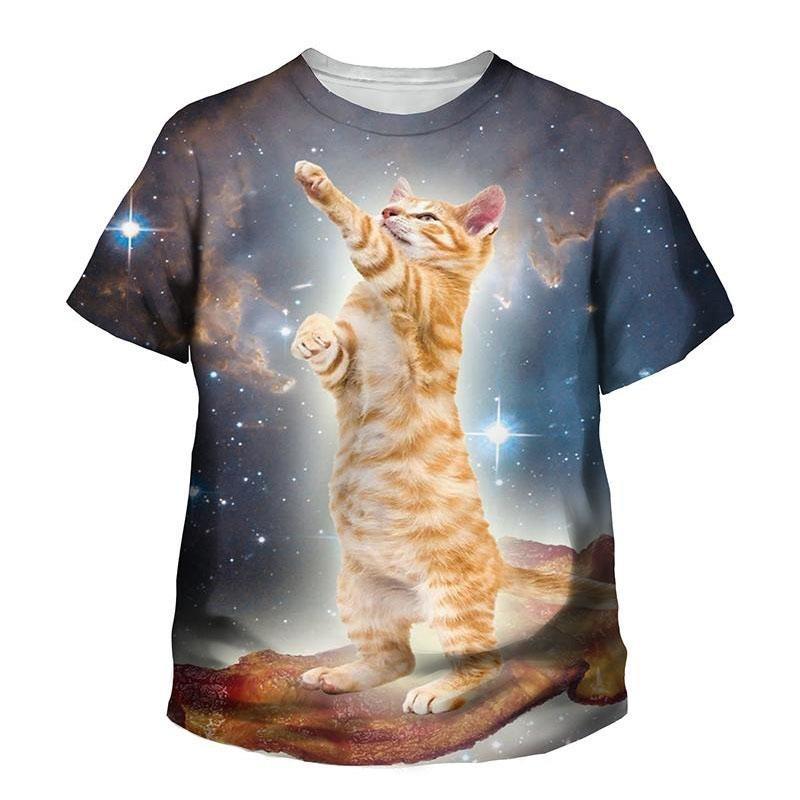 Summer Round Neck 3D Printed Cute Cat Pattern Top Fashionable Casual Short Sleeved Children's Boy and Girl Kids Unisex T-shirts