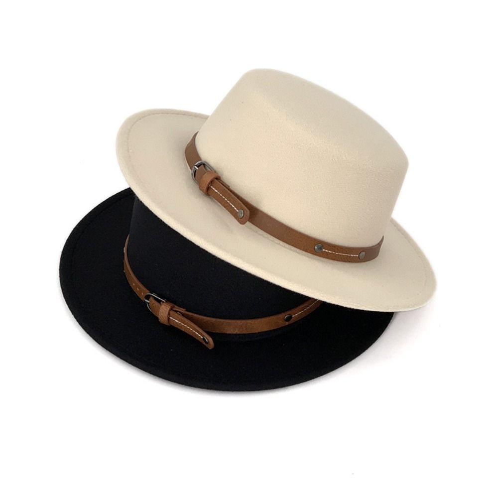 Belt Buckle Felt Hat Elegant Women Jazz Hat Trendy Woolen Flat Top Hat Outdoor Activities
