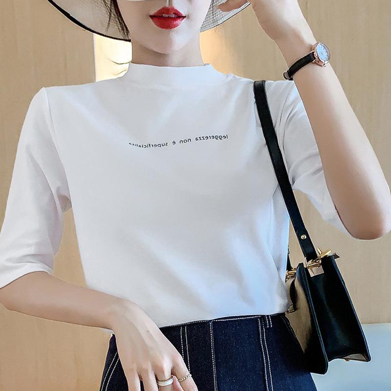 

Новая летняя белая футболка с коротким рукавом для женщин с полувысоким воротником, приталенная хлопковая футболка с рукавом пять четвертей, топ 2XL