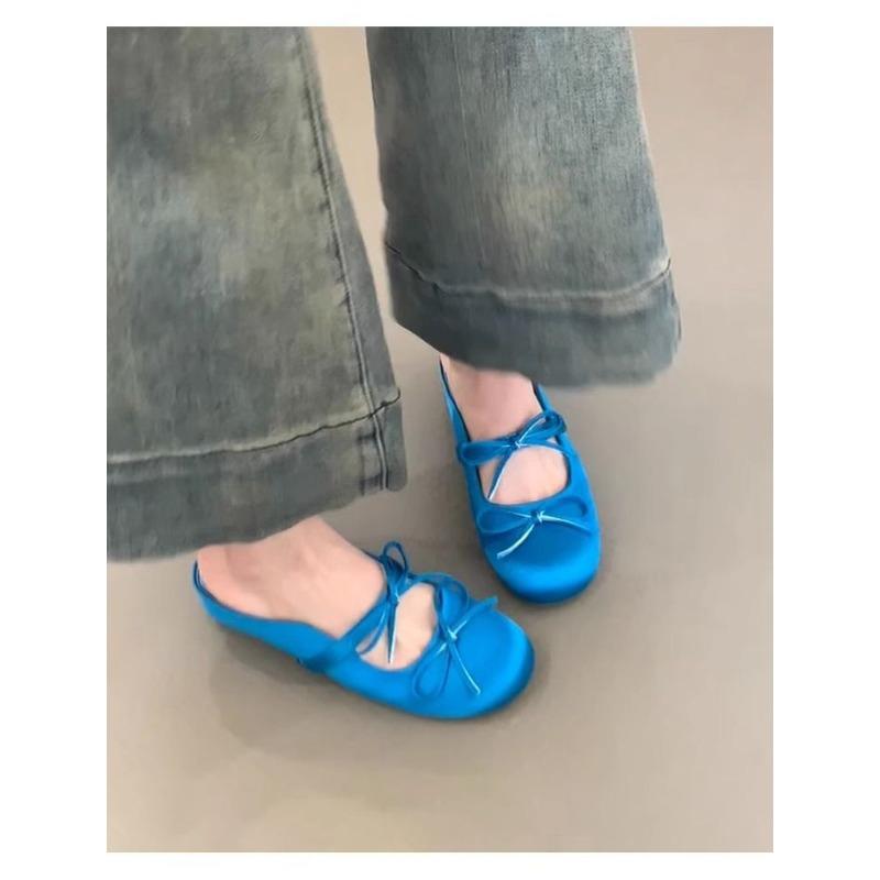 Summer 2025 New Height-increasing, Flat-bottomed, Comfortable Flip-flops, Bow-shaped, Satin, Round-toed, Half-slipper for Women