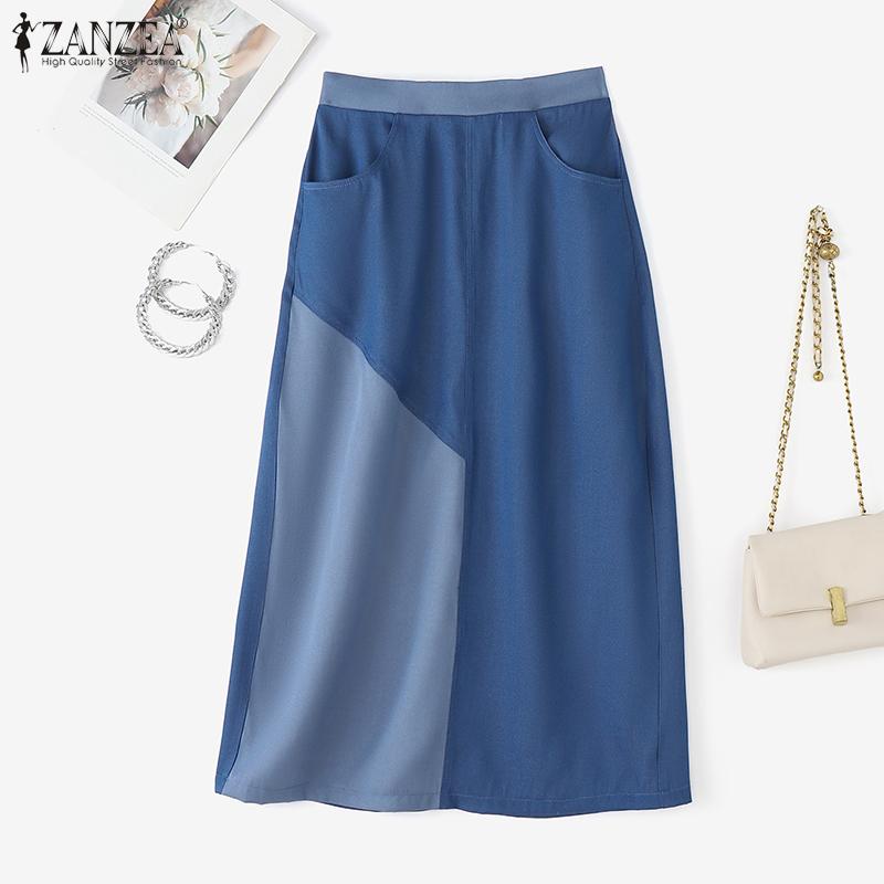 

ZANZEA Womens Summer Casual Patchwork Midi Skirts S синий
