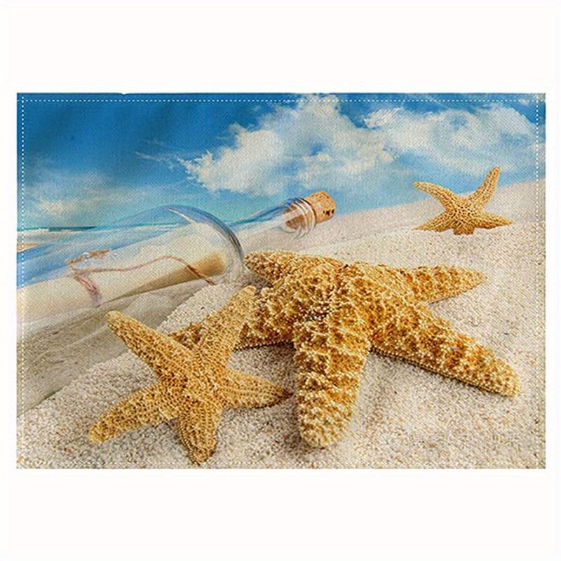 1pc Vintage Ocean Style Encrypted Linen Placemat, Summer Style Seahorse/Starfish/Seashell/Conch Table Mat, Tabletop Protection