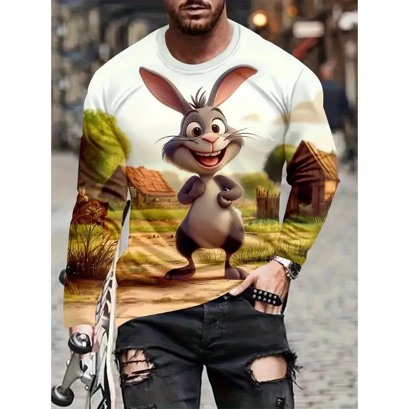 Cartoon Animal Print Men's Long Sleeve T-shirt Casual O-neck Oversized Pullover Autumn Fashion Streetwear Clothing