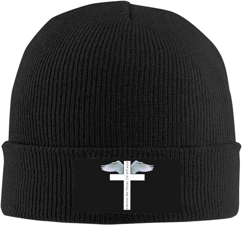 Black Knitted Beanie with Faith Over Fear  Cross Patch Religious Inspirational Winter Warm Skull Cap for Unisex Women