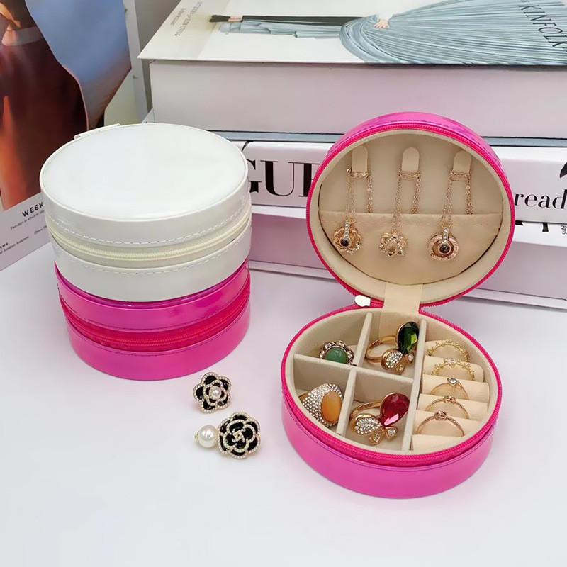 Jewelry Storage Box Round Portable Pu Leather With Laser Pattern For Gift And Organization