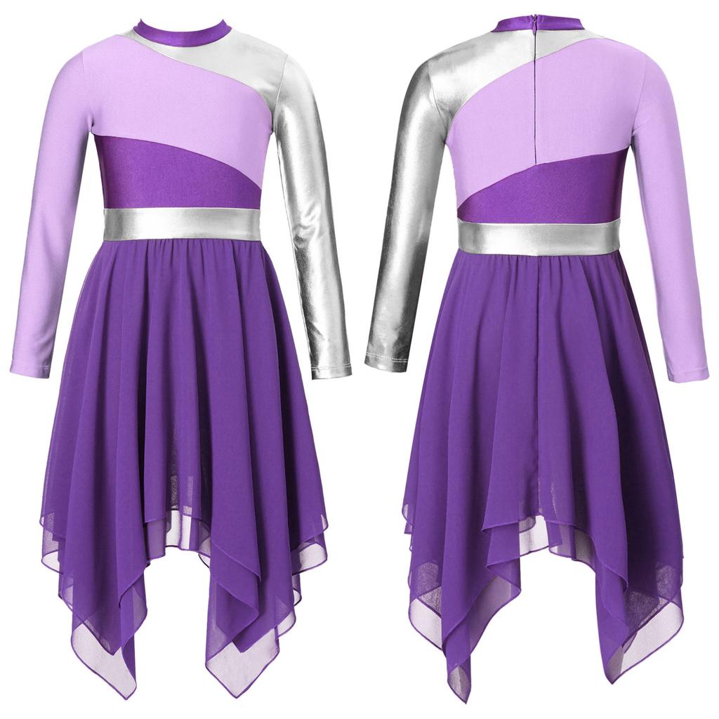 Kids Girls Praise Lyrical Dance Dress Long Sleeve Asymmetrical Chiffon Hem Contrast Dress Dancing Costumes