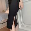 GMXIA Dress Elegant Herben Black Sexy Deep V Hanging Neck Temperament Slim-fit Wrap Buttock Slit Dress