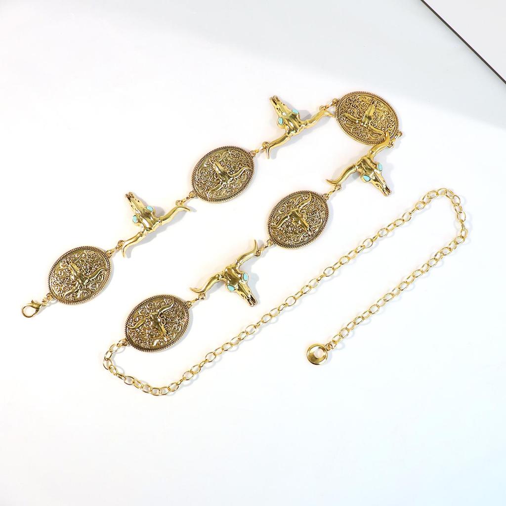 Retro Grenzüberschreitende Türkis Eingelegte Stierkopf Taillenkette mit Totem-Design