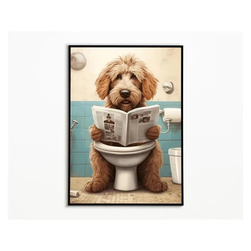Vtipný Roztomilý Pes Koupelna Zvíře na Záchodě a Čtení Novin Plakátový Tisk Plátno Malba Nástěnné Umění Obývací Pokoj Domácí Dekorace