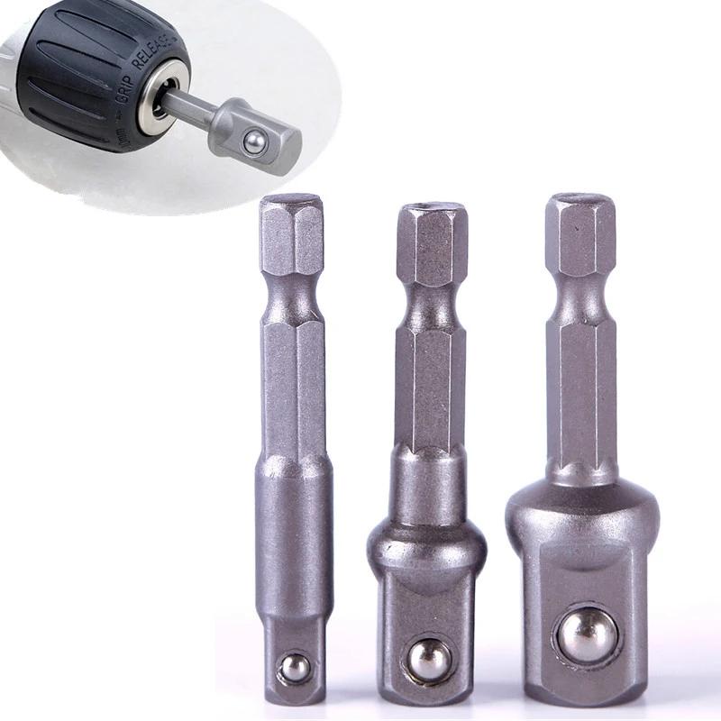 Chrome Vanadium Steel Socket Adapter Hex Shank To 1/4" 3/8" 1/2" Extension Drill Bit Bar Hex Bit Set Power Drill Socket Adapter