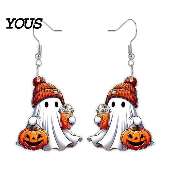 Skin Friendly Earrings 1 Pair White Ghost Pumpkin Drink Earrings, Gothic Hip Hop Halloween Drop Cute Novelty Jewelry Gift for Women Party Accessories