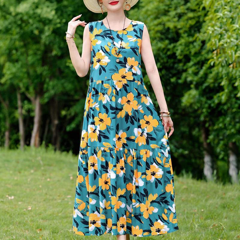 Elegant Sleeveless Dress for Women Plus Size Short Sleeve Vintage Print Long Dress Summer Casual Middle-aged Women's Clothing