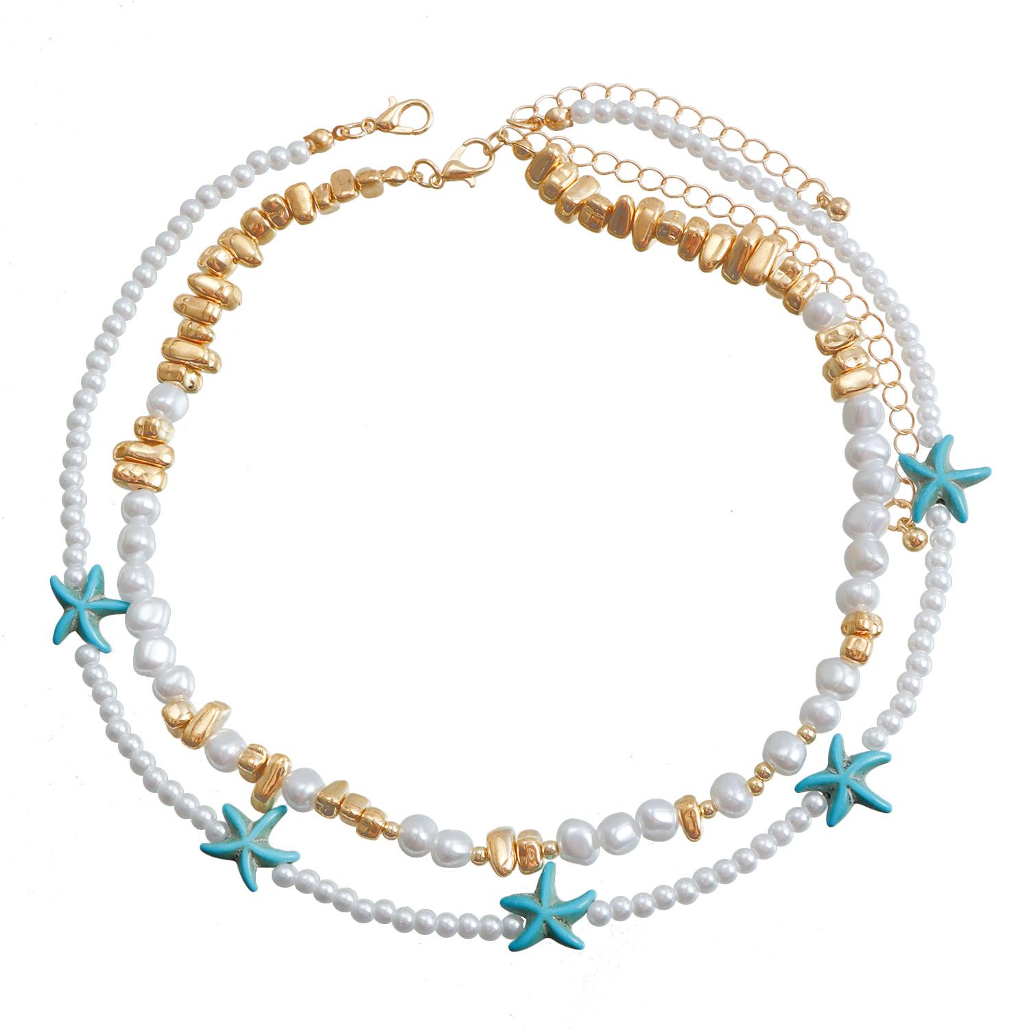 Bohemian Resort Wind Beach Clavicle Chain Turquoise Starfish Pendant Rice Bead Double Necklace