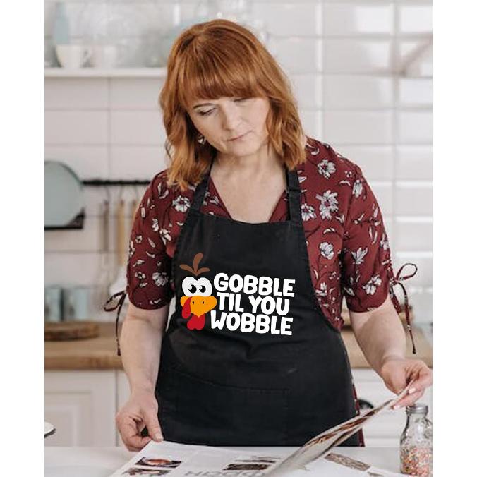 Thanksgiving Aprons for Women Men with Pockets, Gobble Til you Wobble Turkey Apron, Cooking Grill Gifts for Dad Mom