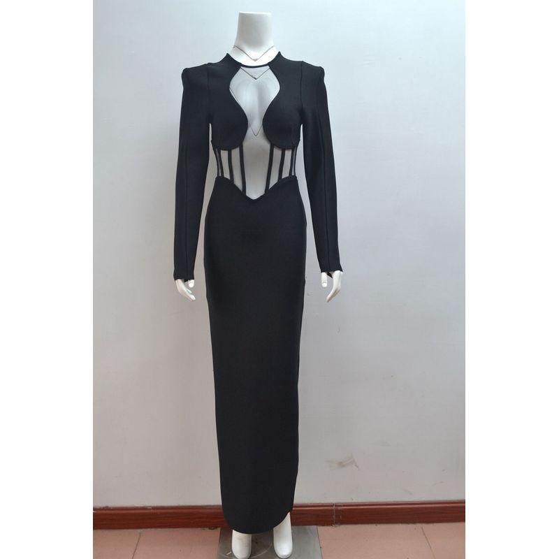 

Европейская и американская новая женская одежда Элегантное платье-миди с высокой талией, длинными рукавами, сетчатыми вставками, вырезами и бандажной отделкой, Классное нарядное вечернее платье Black XS