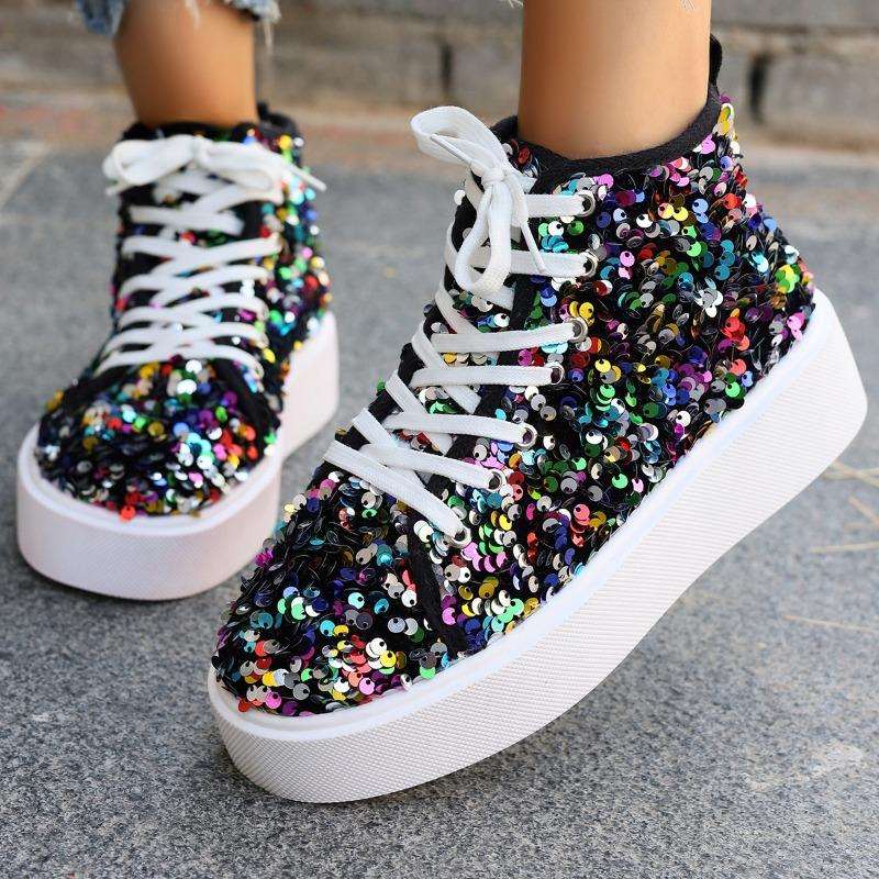 Fashion 2025 Outdoor High Top Women's Vulcanize Shoes Plus Size Women Sneakers Platform Comfortable Versatile Bling Lace Up Casual Shoes