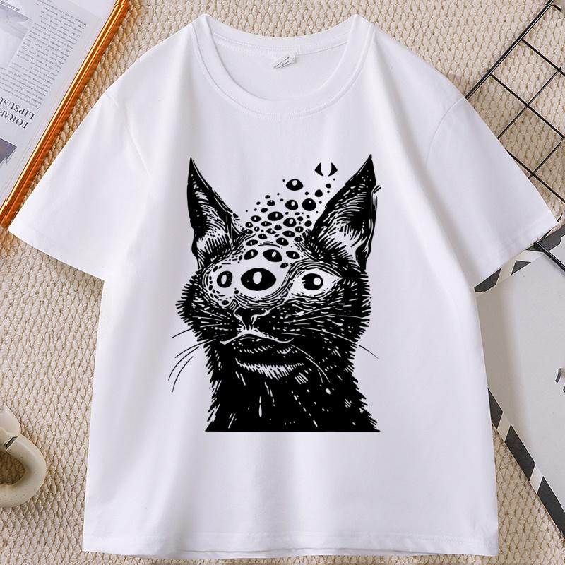 Weirdcore Cat T Shirt Harakuju Creepy Horror Goth Cat TShirt Gothic Dark Aesthetic Tshirt Casual Round Neck Cotton Tees Tops