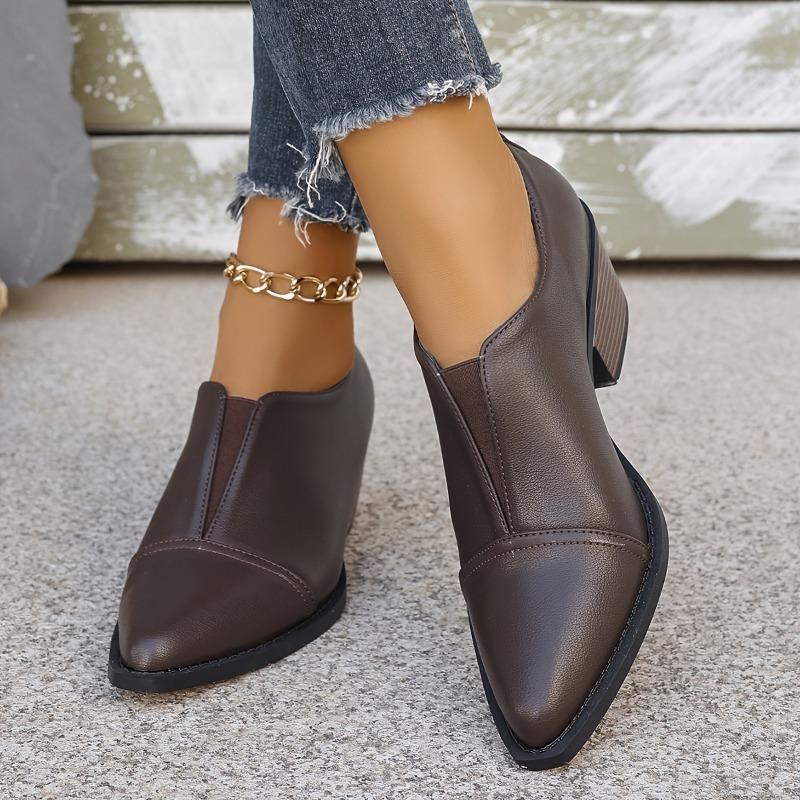 Western Style Elastic Single Shoes, British Style Pointed Toe, Thick Heel, Large Size Chelsea Small Leather Shoes for Women, 2025