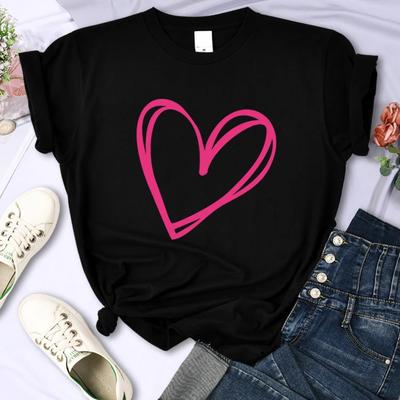 Enkelt rosa hjärttryck Kvinnor T-shirts Kläder Personlighet Fritidskläder Mode All-math Kortärmad Kreativ O-hals Dam Toppar
