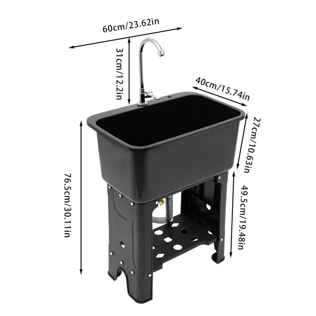 Utility Sink Space Saver Laundry Tub with Faucet, Freestanding Laundry Sink Garage Sink with Storage Shelf (Black)