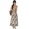 Fashion elegant and cold ink butterfly suspender dress, summer new pleated waist thin floral long skirt