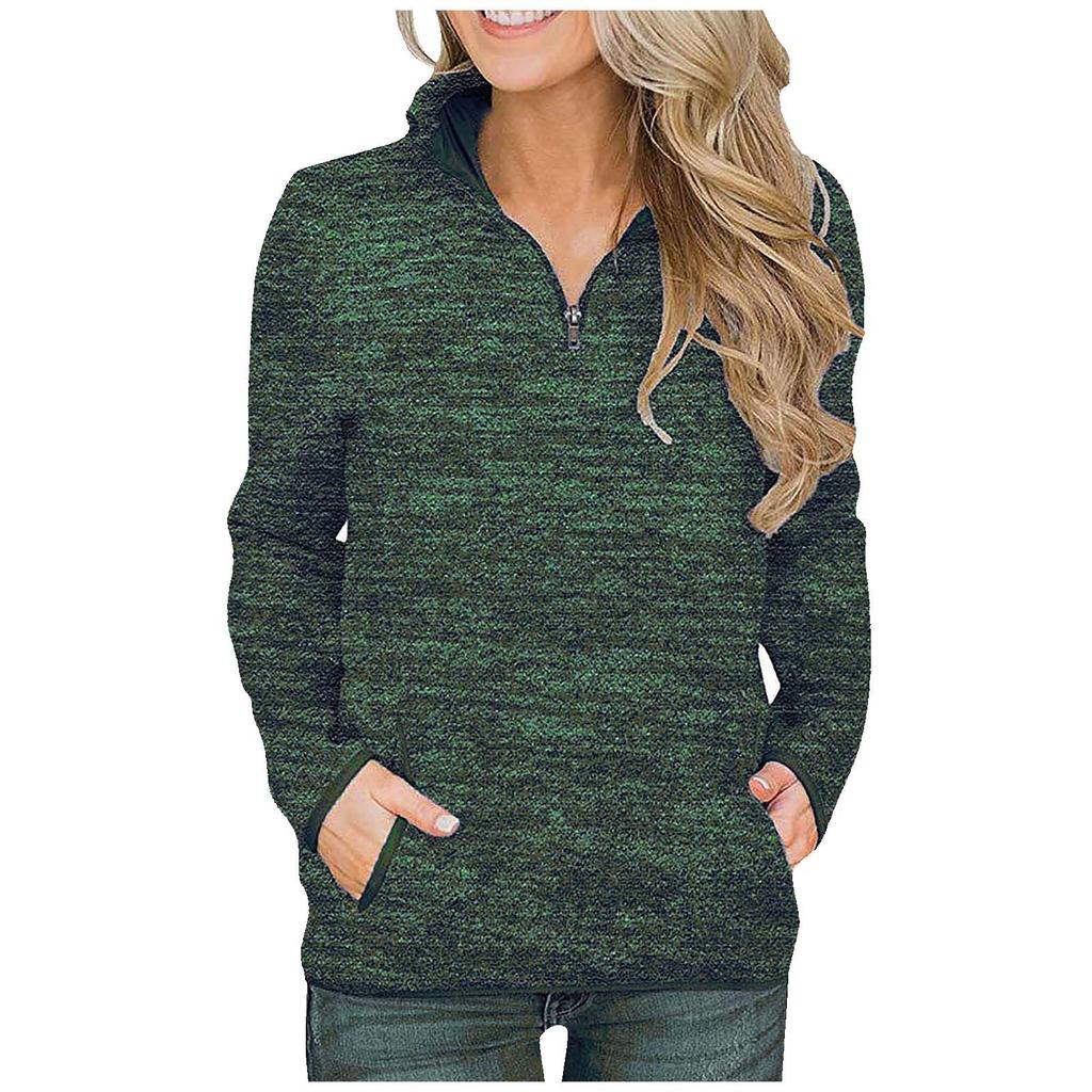 Ladies  Winter Pocket Pullover Long Sleeve Stand Collar Zip Sweatshirt Top