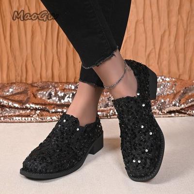 Dámské mokasíny s černými flitry Nazouvací lodičky na středním podpatku Módní ležérní Mary Janes Podzimní všestranné dámské boty Zapatos De Mujer