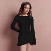 Spring Autumn Round Neck Solid Color Pleated Knot Mini Dress Women Long Sleeve Slim Robe Vestidos