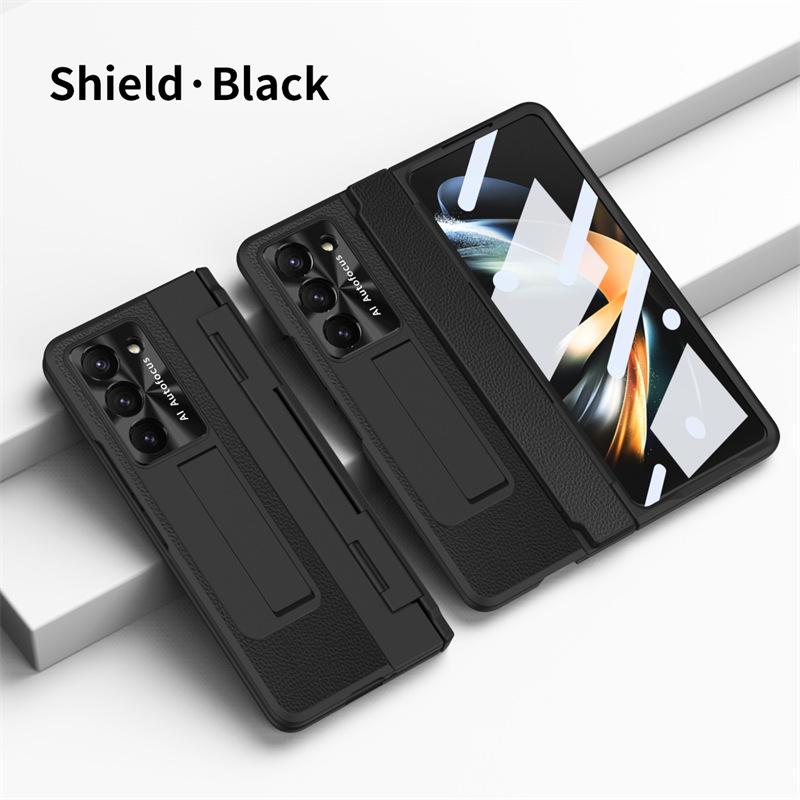 Full Protection Hinge Case for Samsung Galaxy Z Fold8 Ultra / 7 6 5 4 3 Plating PC+Leather Tempered Film Folding Kickstand Cover