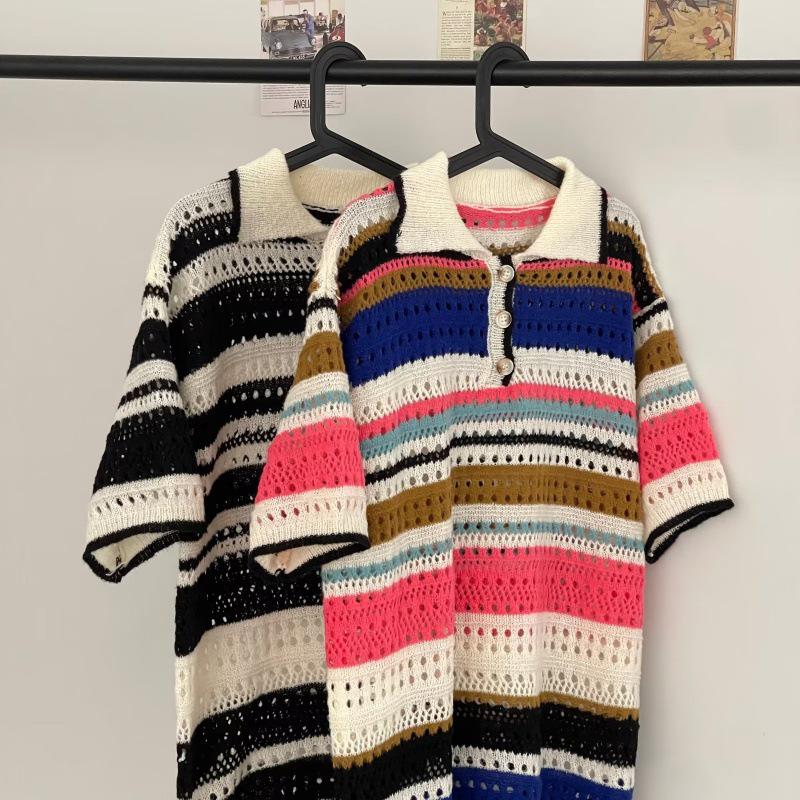Men's Summer 2023 Retro Striped Hollow Knit Short Sleeve Polo Shirt