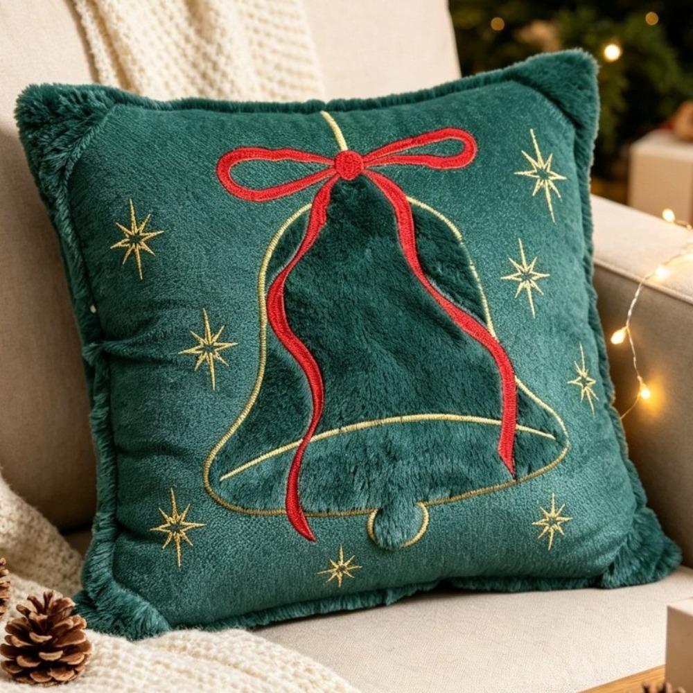 Embroidered Christmas Pillow Cover Soft Square Throw Cushion Cover Bell Bow Snowflake Holiday Cushion Cover Christmas Decor