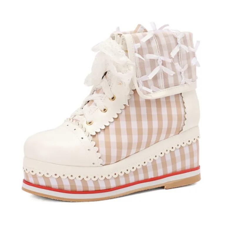7cm Kilehæl Rund Tå Korte Støvletter Rutete Sløyfe Blonder Stoff Lær Spleis Enkel Sko Hverdagsbruk Casual Damesko 35-45