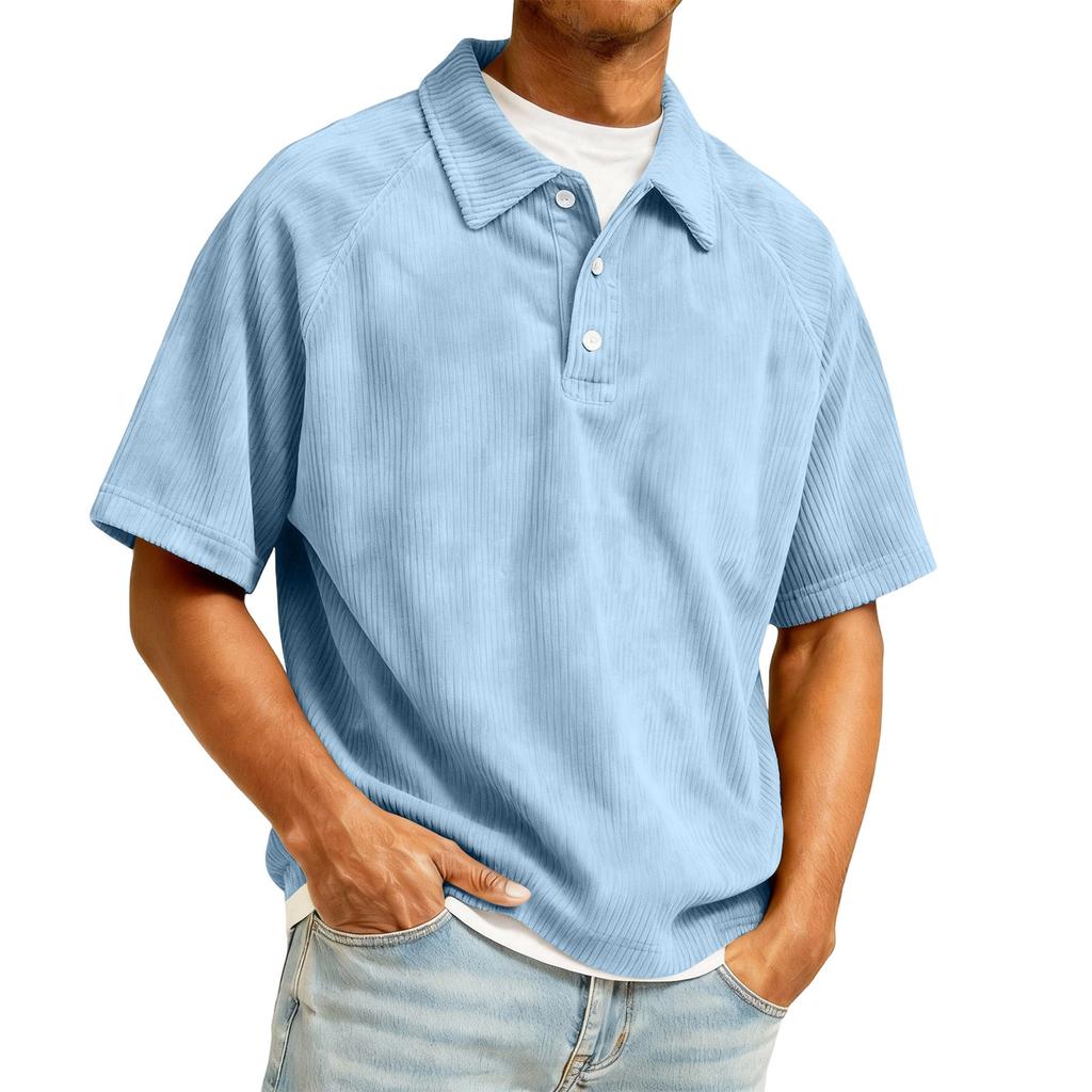 Mens Short Sleeve Corduroy Polo Shirt Casual Loose Fit Pullover Top with Collar and Button Placket