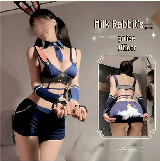 Seductive Sexy Officer Bunny Lingerie Set with Open Crotch and Removable Uniform