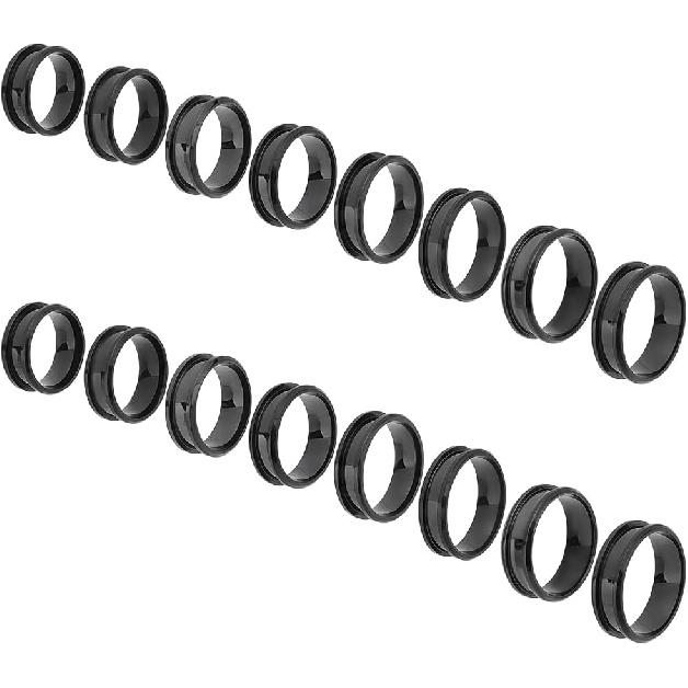 UNICRAFTALE 16pcs Stainless Steel Black Finger Ring - 8 Sizes Blank Core for Inlay Round Grooved Empty Blanks With Velvet Pouches for Jewelry Making
