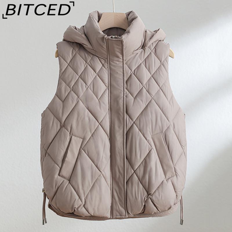 BITCED Women's Autumn/Winter Quilted Down Vest - Elegant Hooded Cotton Jacket, Short-Sleeved Waistcoat, Diamond-Quilted Vest