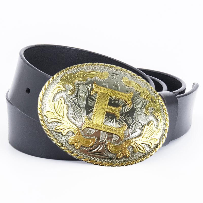 Gold and Silver Ethnic E Character Leather Belt: European & American Style, Two-Layer Cowhide Waistband