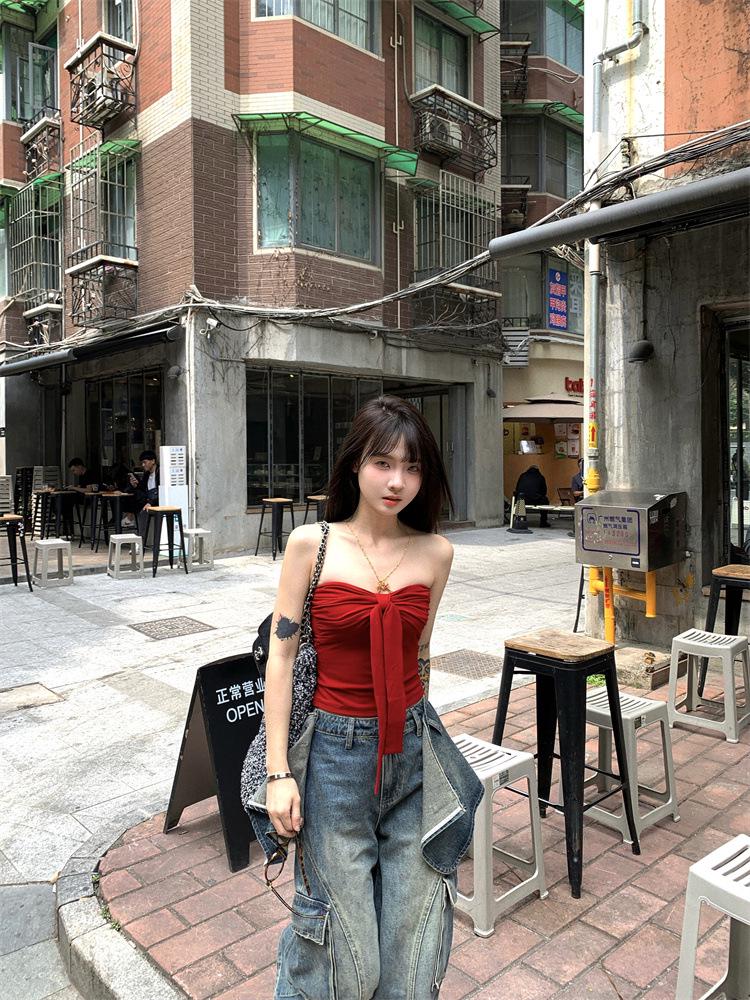 Red Bow Bandeau Top - Women's Chic Summer Camisole