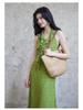 Er Yang Design French Floral Green Halter Neck Maxi Dress, V-neck Sleeveless Long Dress for Women