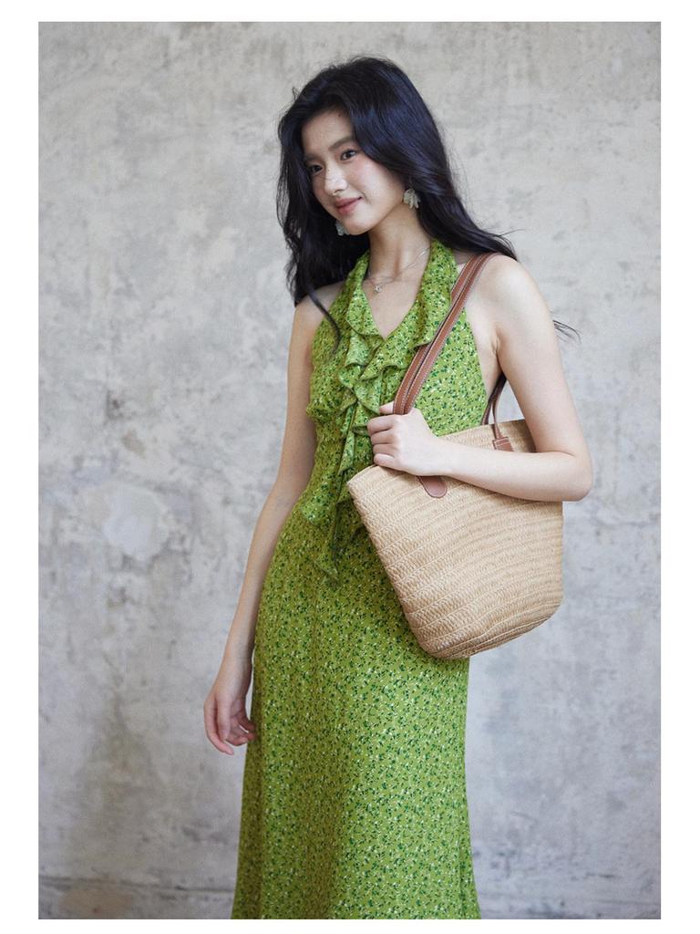 Er Yang Design French Floral Green Halter Neck Maxi Dress, V-neck Sleeveless Long Dress for Women