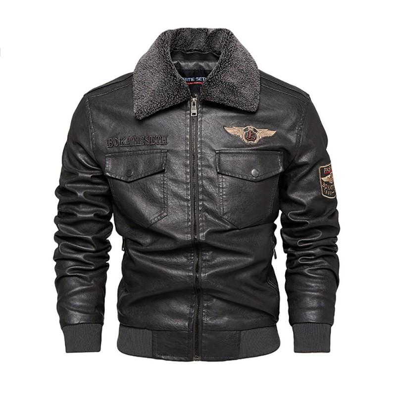 Mens Faux Leather Biker Jacket Winter Warm Lined Oversized Casual Coat With Zipper Pockets Embroidered Patch