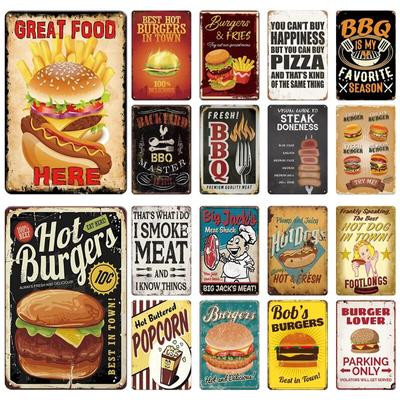 Burger Sign Best In Town 100% Beef BBQ Vintage Decor Hotdogs Kitchen Decorations Wall Plaque Retro Decor Vintage Food Sign