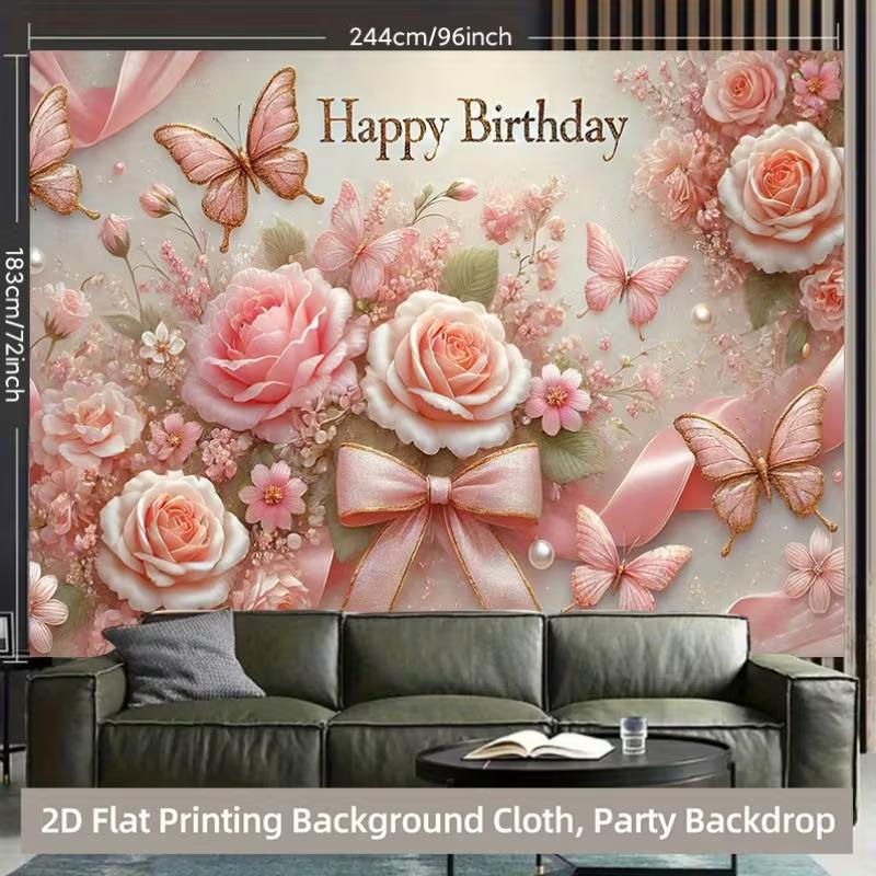 Dwuwymiarowe tło "Happy Birthday" z różowymi różami, motylami i złotymi kokardkami