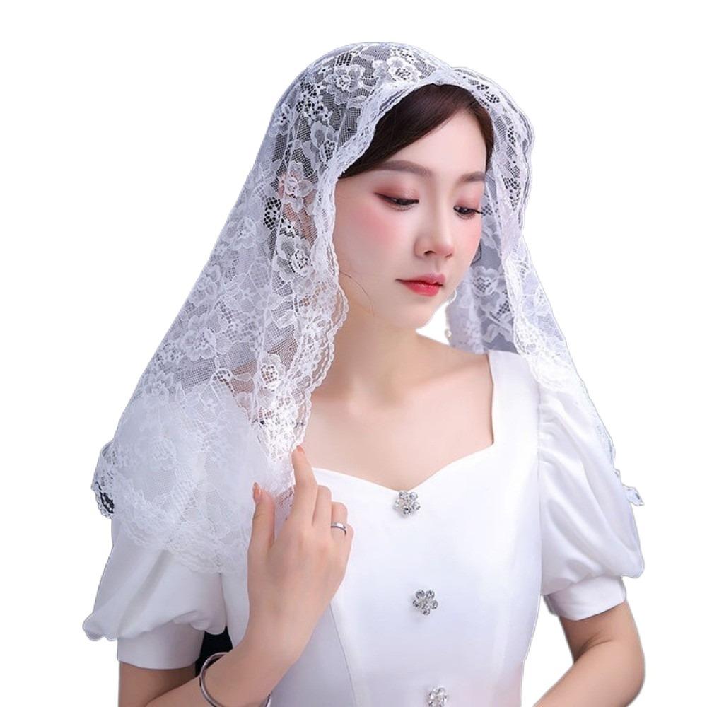 Цветочная вышивка Фата-часовня Испанский стиль Кружевной край Свадебный кружевной платок Романтичный Традиционный Винтажный кружевной головной убор белый