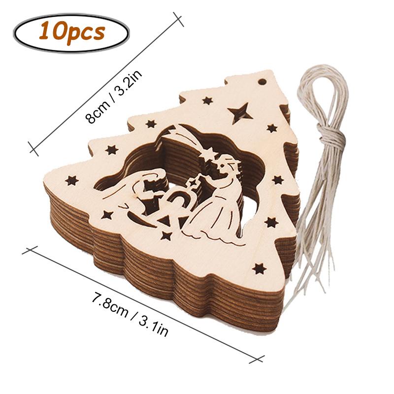 10pcs/pack Unfinished Blank Wooden Christmas Ornaments Predrilled with Hanging Rope for DIY Crafts. Christmas Tree Hanging Decor