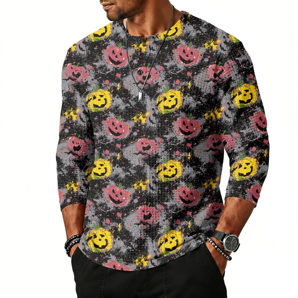 Men's Casual Halloween Print Henley Shirt Raglan Three Quarter Sleeve Top Lightweight Breathable Fabric Comfortable Fit