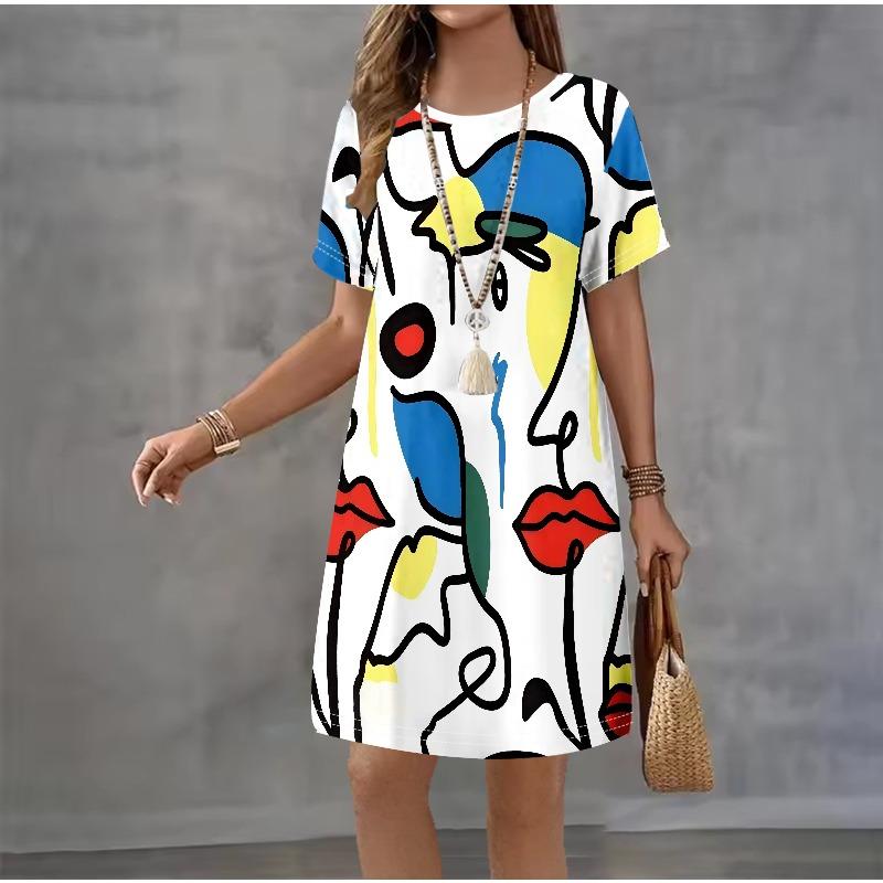 Colorful Geometric Patterns Women Short Dress Summer Fashion 3D Print Loose Mini Dress Casual Short Sleeve Ladies Party Dresses