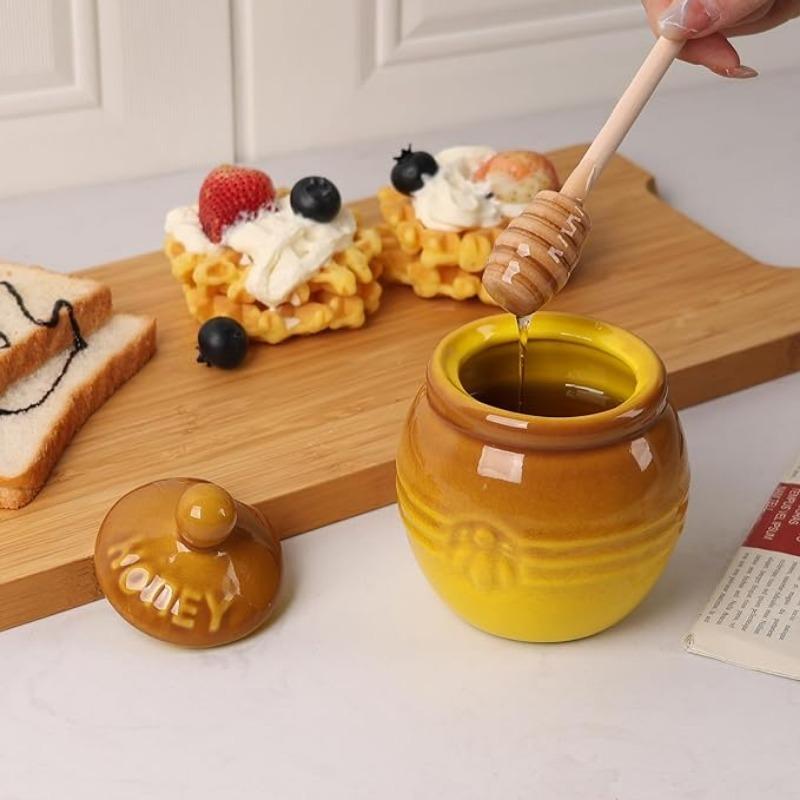 Honigtopf mit Schöpflöffel aus Keramik mit Deckel, gelber Honigtopfbehälter zur Aufbewahrung von Honig und Sirup in der Küche zu Hause