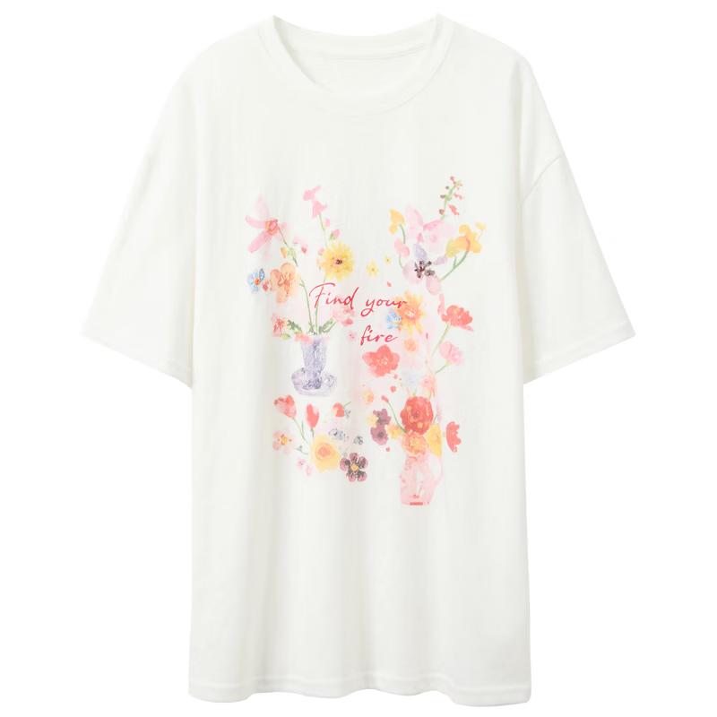 Sancai 2026 Summer Round Neck Floral Print Loose T-Shirt L